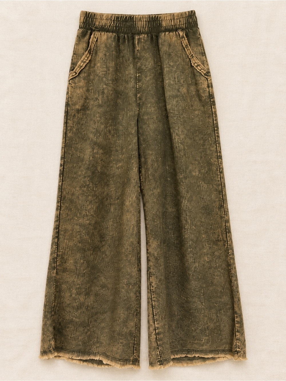 Zenana Acid Wash Wide Leg Pants Raw Fringe Hem Olive Brown Small